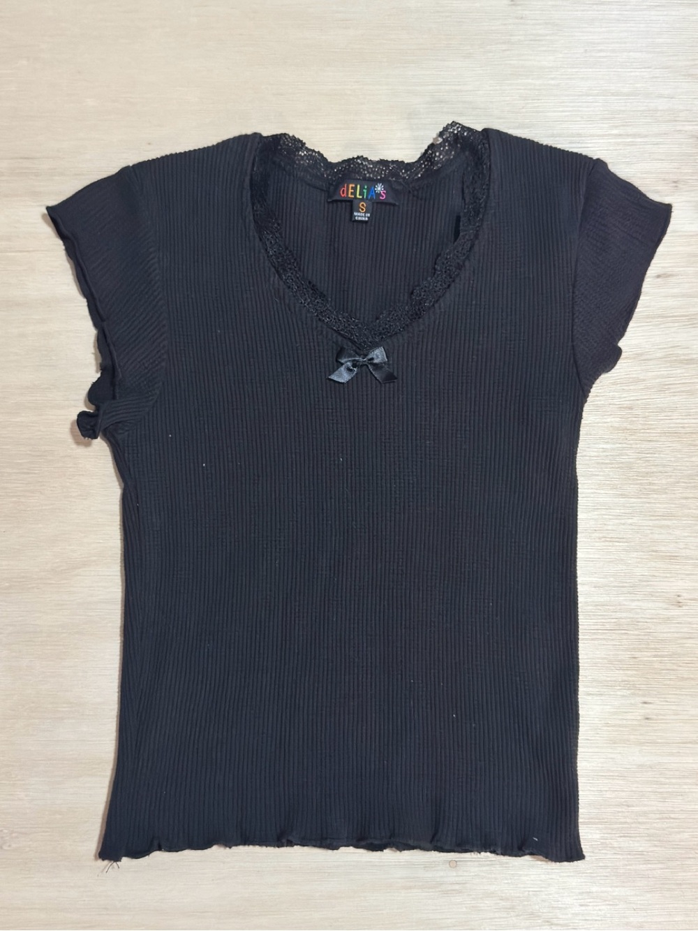 dELiA*s Black Ribbed Lace-Trim Bow V-Neck Tee